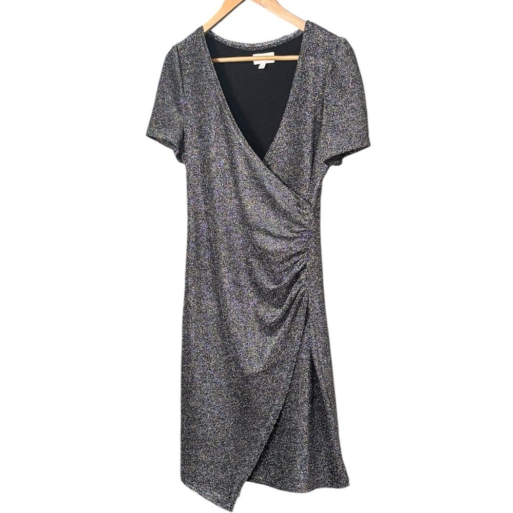 Apricot Metallic Silver Sparkle Wrap Mini Dress - Ruched Bodycon UK 10 (US 6)